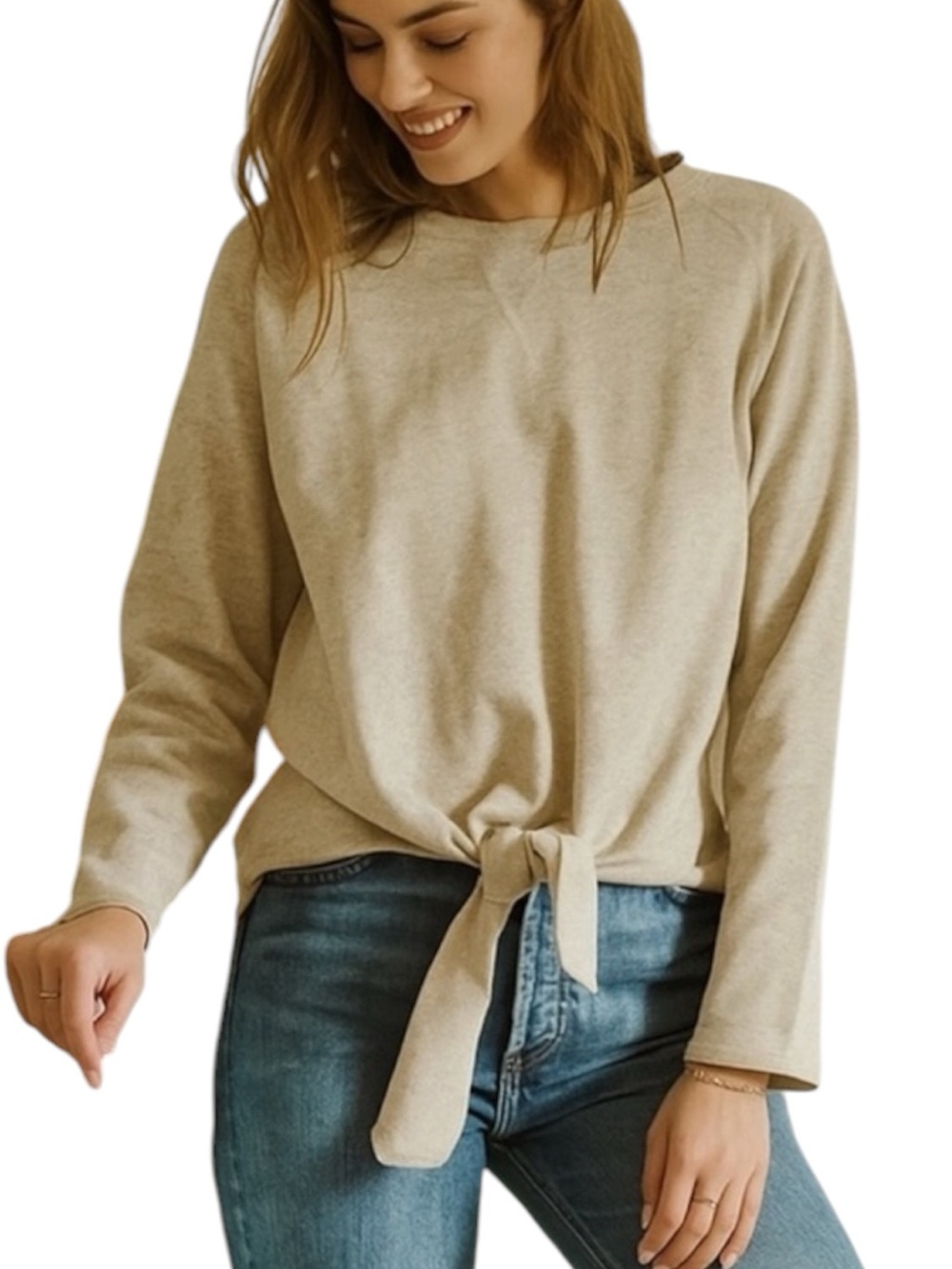 JACKSON ROWE Sandy Cream Tie Front Lightweight Sweatshirt Medium